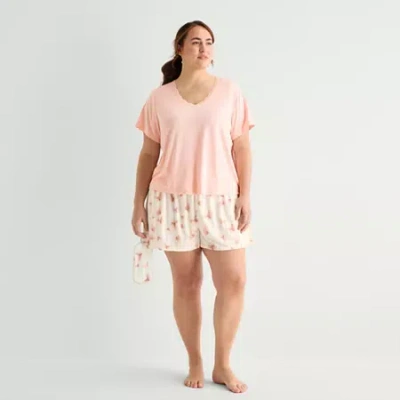 Ambrielle Womens V-neck Short Sleeve 3-pc. Plus Pajama Set In Pink