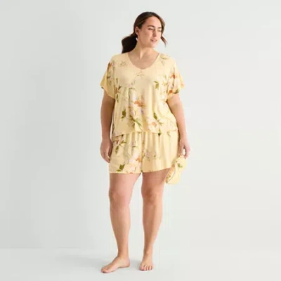 Ambrielle Womens V-neck Short Sleeve 3-pc. Plus Pajama Set In Yellow