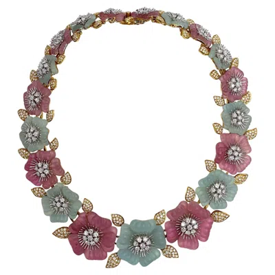 Pre-owned Ambrosi 18k Gold Hand Carved Aquamarine, Pink Tourmaline Floral Necklace