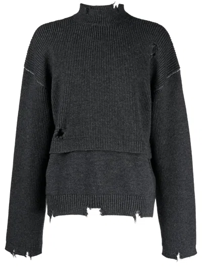 Ambush Distressed-knit Virgin-wool Jumper In Grey
