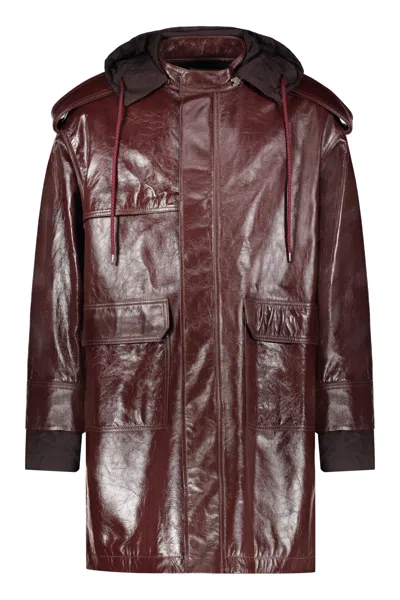 Ambush Hooded Leather Jacket In Burgundy