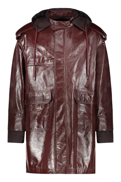 Ambush Hooded Leather Jacket In Brown