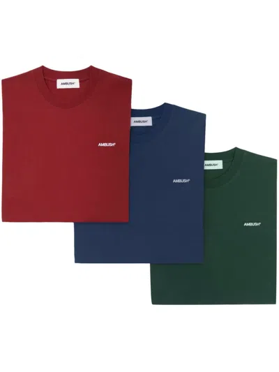 Ambush Logo-embroidered T-shirts (set Of Three) In Green