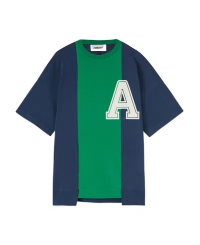 Ambush Logo Printed Panelled Crewneck T-shirt In Blue