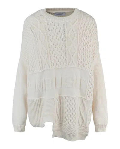 Ambush Patchwork Knit Crewneck Sweater In White