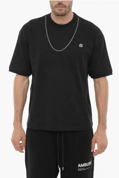 Ambush Solid Color Crew-neck T-shirt With Silver-tone Chain In Black