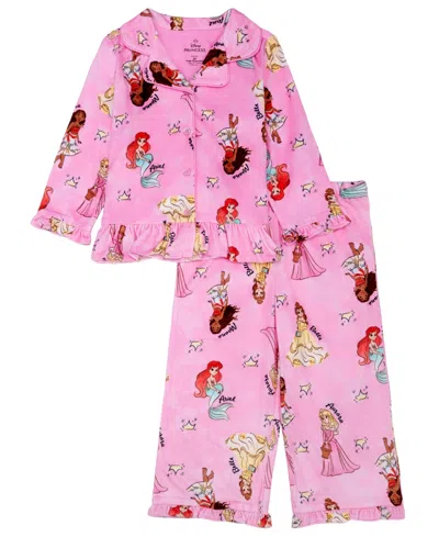 Ame Babies' Toddler Girls' 2t-4t Princess Fun Ruffle Disney Princess Print Top And Pants, 2-piece Pajama Set In Pink