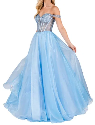 Amelia Couture Beaded Off Shoulder Organza Gown In Baby Blue