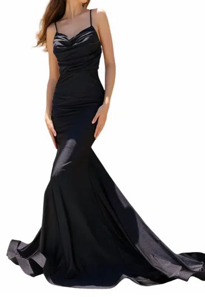 Amelia Couture Cowl-neck Long Formal Prom Dress With Train In Black