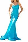 Amelia Couture Cowl-neck Long Formal Prom Dress With Train In Turquise In Multi