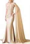 Amelia Couture Embroided Gown With Cape In Beige In Neutral