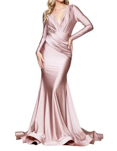 Amelia Couture Fitted Long Sleeve Lycra Gown In Dusty Rose In Multi