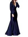 Amelia Couture Fitted Long Sleeve Lycra Gown In Navy In Blue