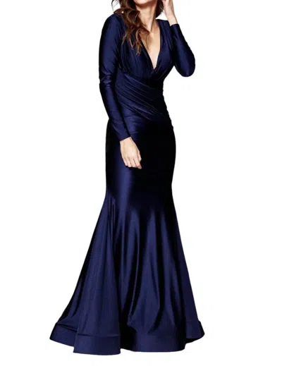 Amelia Couture Fitted Long Sleeve Lycra Gown In Navy In Blue