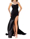 Amelia Couture Lycra Fitted Strapless Slit Gown In Black In Black