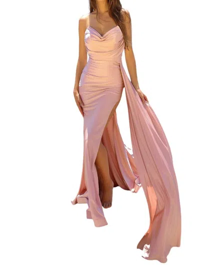 Amelia Couture Lycra Fitted Strapless Slit Gown In Blush In Gold
