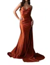 Amelia Couture Lycra Fitted Strapless Slit Gown In Cinna In Multi
