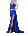 Amelia Couture Lycra Fitted Strapless Slit Gown In Royal Blue In Blue