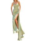Amelia Couture Lycra Fitted Strapless Slit Gown In Sage In Multi