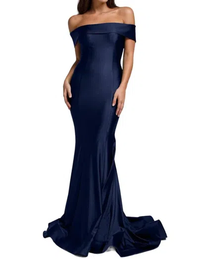 Amelia Couture Lycra Off Shoulder Mermaid Dress In Navy In Blue