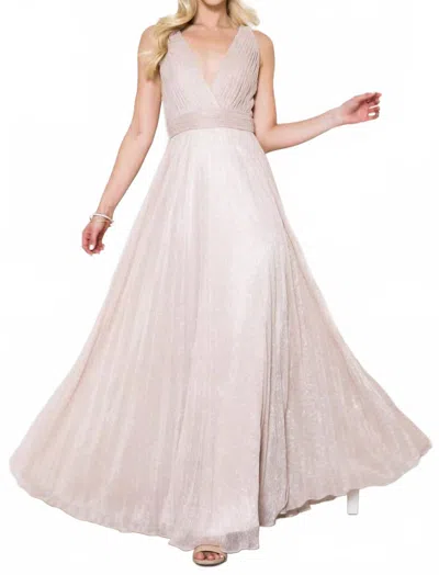 Amelia Couture Pleated Metallic V-neck Gown In Light Pink Silver In Beige