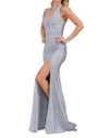 Amelia Couture Satin Halter Neck Sleeveless Slit Dress In Silver In Silver