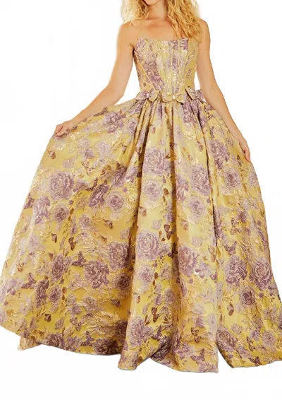 Amelia Couture Strapless Flower Bow Detail Prom Gown In Yellow