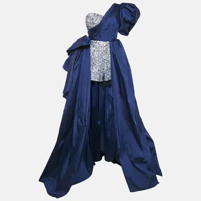 Pre-owned Amelie Baku Blue Sequin Embellished Satin Draped One Shoulder Gown S In Black