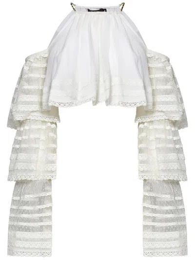 Amen Cropped Off-the-shoulder Top With Flounced Lace Sleeves In White