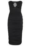 Amen Draped Midi Dress With Front Rhinestone Brooch In Black