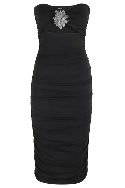 Amen Draped Midi Dress With Front Rhinestone Brooch In Black