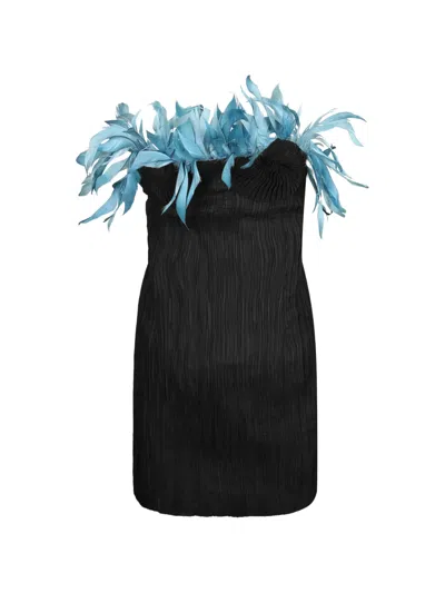 Amen Feather-trim Plissé-effect Mini Dress In Black