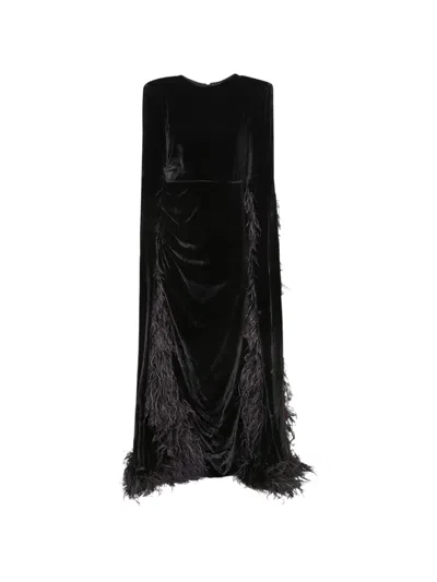 Amen Feather-trim Velvet Dress In Black