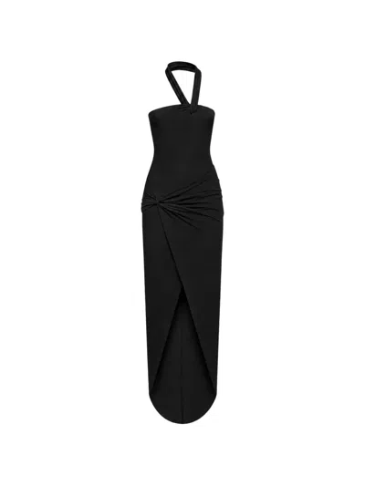 Amen Halterneck Draped Asymmetric Dress In Black