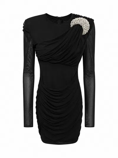 Amen Jewel-appliqué Tulle-sleeve Dress In Black