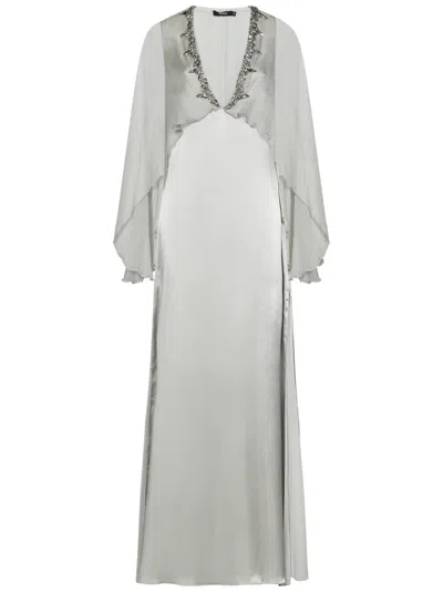 Amen Long Grey Silk Blend Satin Dress In Metallic