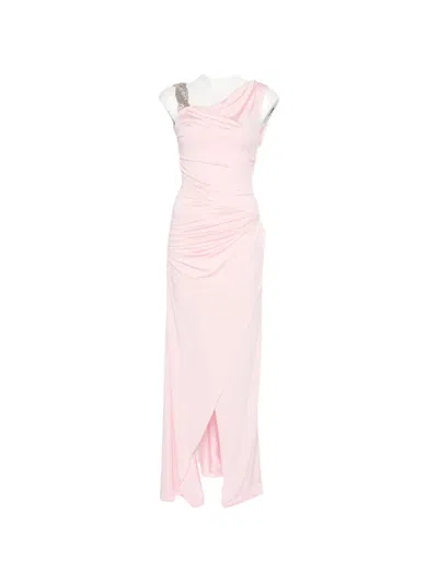 Amen Ruched Crystal-embellished Asymmetric Maxi Dress In Pink