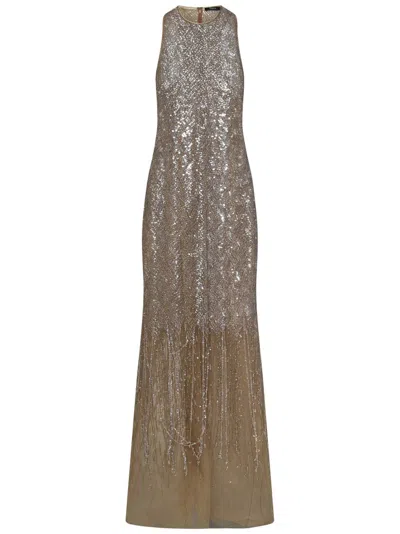 Amen Sand-colored Tulle Dress With Silver Sequins Embellishment In Beige