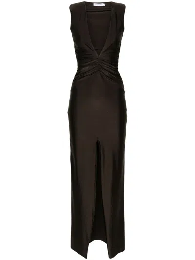 Amen V-neck Ruched Maxi Dress In Brown