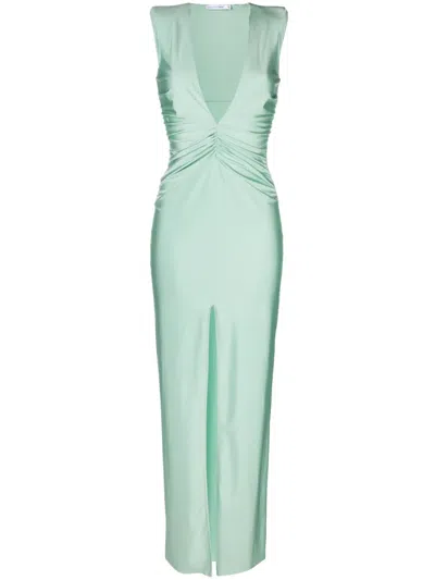 Amen Gathered Satin Long Dress In Green