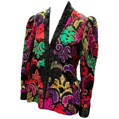 Pre-owned Amen Wardy 1980s  Colorful Sequin & Rhinestone Embellished Silk Matelasse Jacket In Black