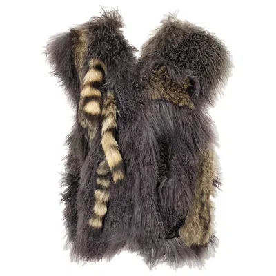 Pre-owned Amen Wardy Vintage  1980s Avant Garde Grey + Brown Mixed Fur Leather Vest Jacket In Gray