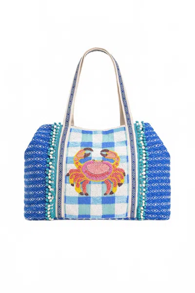 America & Beyond Crab It Beaded Tote Bag In Blue/white