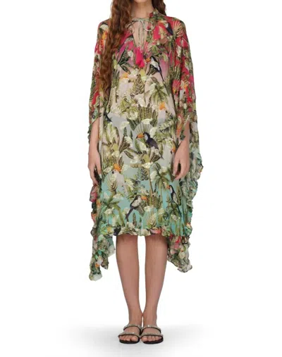 America & Beyond Farm Chirping Birds Printed Frill Kaftan Dress In Multi