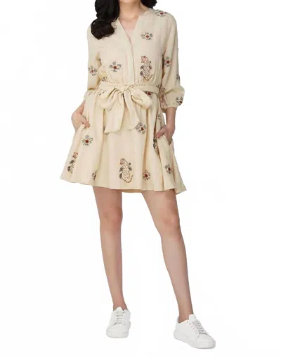 America & Beyond Linen Embroidered Tigers Short Dress In Cream In Neutral