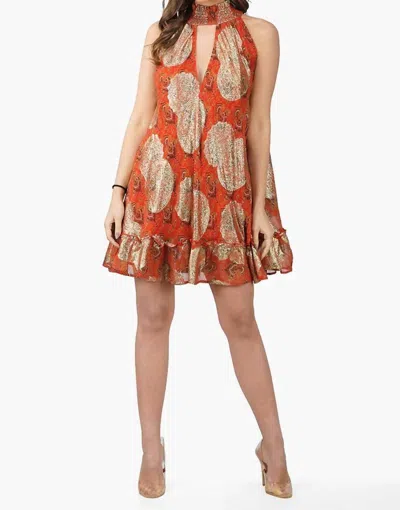 America & Beyond Omnia High Neck Short Dress In Red & Gold In Orange