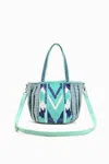 America & Beyond Women's Beaded Ruched Tote With Crossbody Strap In Blue Chevron In Multi