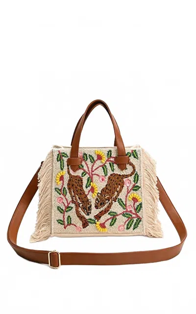 America & Beyond Women's Temur Leopard Fringed Tote In Beige Multi In Sand