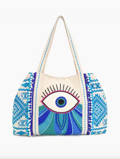 America & Beyond Women's Wanderlust Evil Eye Tote Bag In Blue/ White