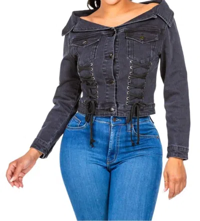 American Bazi Chic Off Shoulder Lace Up Denim Jacket In Black